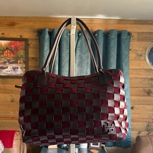 Tory Burch Burgundy and Black Checkered Tote